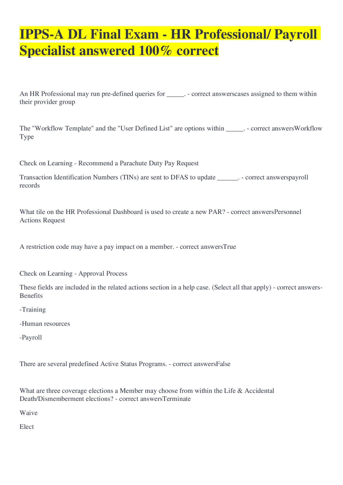 Preview image for IPPS-A DL Final Exam - HR Professional/ Payroll Specialist answered 100% correct